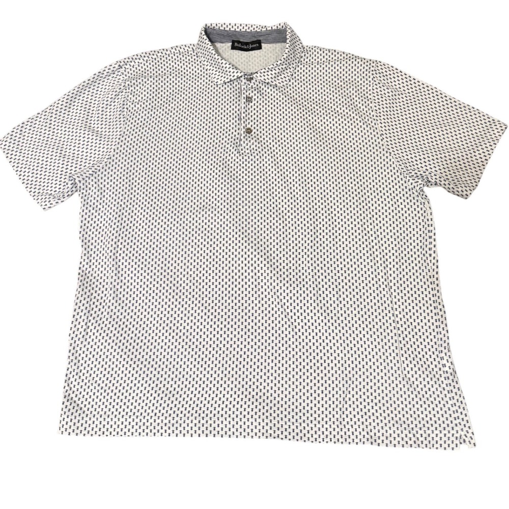 Bullock & Jones Men XL White Navy Pineapple Print Cotton Short Sleeve Polo Shirt